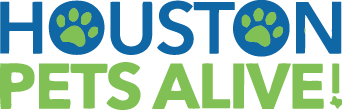 The logo features the words "HOUSTON PETS ALIVE!" with blue and green text and paw prints inside the letters O.

Description generated by AI